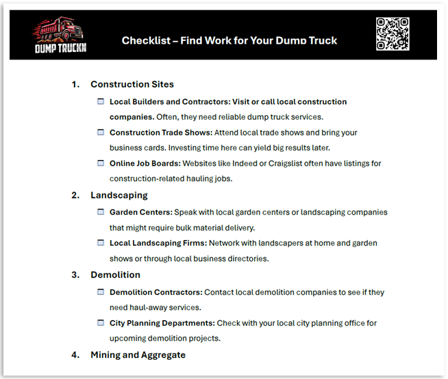 Checklist - find work For Your Dump Truck - Screenshot of document