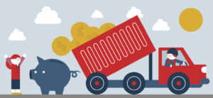 Essential steps to start your own dump truck business-illustration of red dump truck dumping coins into piggy bank